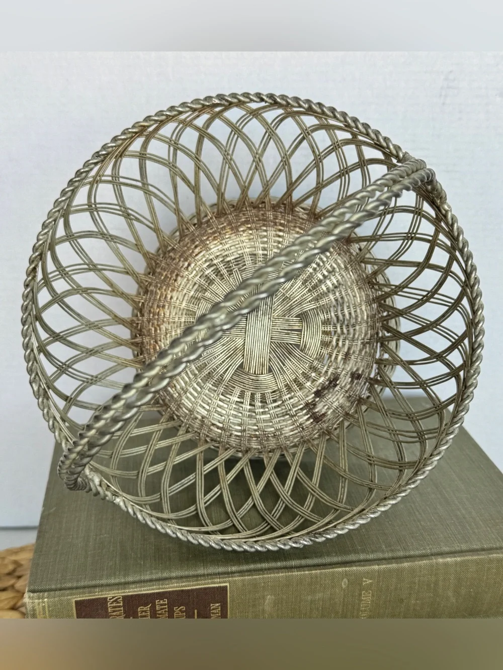 Vintage Silver Woven Wire Basket with Handle Decorative Home Accent